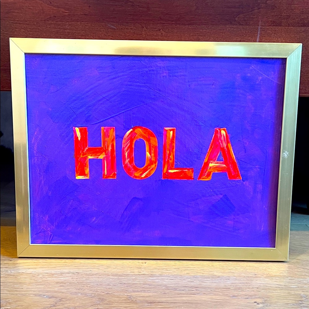 Framed Purple and Orange 'HOLA' Acrylic Painting